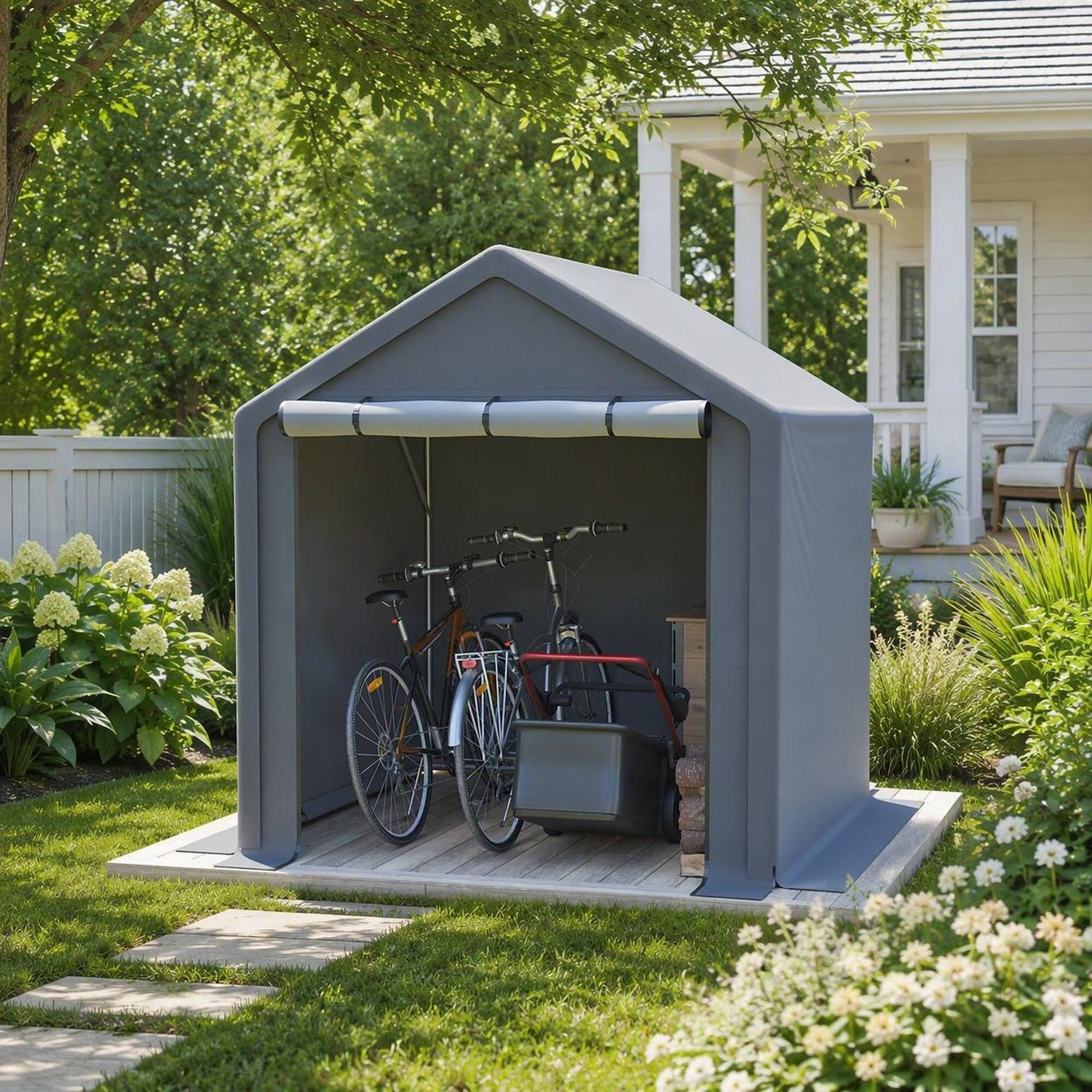 Angle. RYHNUYNE - 6x6 ft Weatherproof Storage Tent Steel Frame UV Water Resistant Quick-Assembly - Grey.