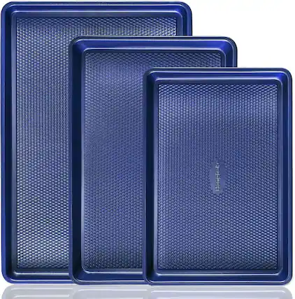 Front. HONGBAKE - Cookie Sheets for Baking ,Baking Sheet Pan Set of 3 with Diamond Texture Pattern, 57% Thicker Carbon Steel Cookie Trays - blue.