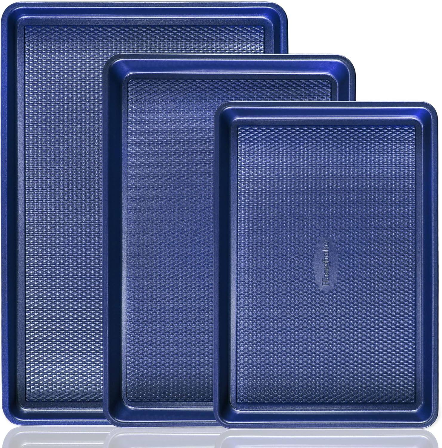 HONGBAKE - Cookie Sheets for Baking ，Baking Sheet Pan Set of 3 with Diamond Texture Pattern, 57% Thicker Carbon Steel Cookie Trays - Blue
