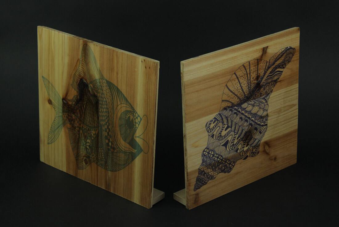 Alt View 1. Transpac - Set of 4 Wood Turtle Fish and Shell Blocks - Tan.