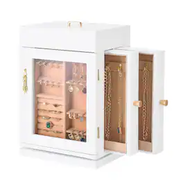 VEVOR - Jewelry Box, 360° Rotating Jewelry Organizer with Magnetic Door, Acrylic Window and Built-in 4 Necklace Hooks - White