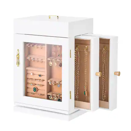 Front. VEVOR - Jewelry Box, 360° Rotating Jewelry Organizer with Magnetic Door, Acrylic Window and Built-in 4 Necklace Hooks - White.