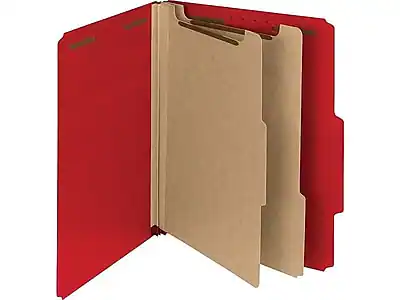 Front. Smead - 100% Recycled Heavy Duty Pressboard Classification Folder, 2-Dividers, 2" Expansion, Letter Size, Bright Red, 10/Box - Red.