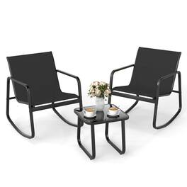 Costway - 3 Piece Patio Rocking Set 2 Rocking Bistro Chairs & Glass-Top Table for Porch - Black