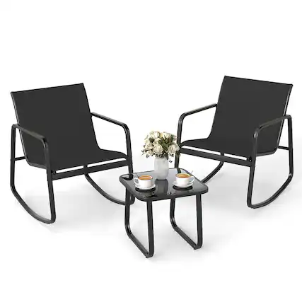 Front. Costway - 3 Piece Patio Rocking Set 2 Rocking Bistro Chairs & Glass-Top Table for Porch - Black.