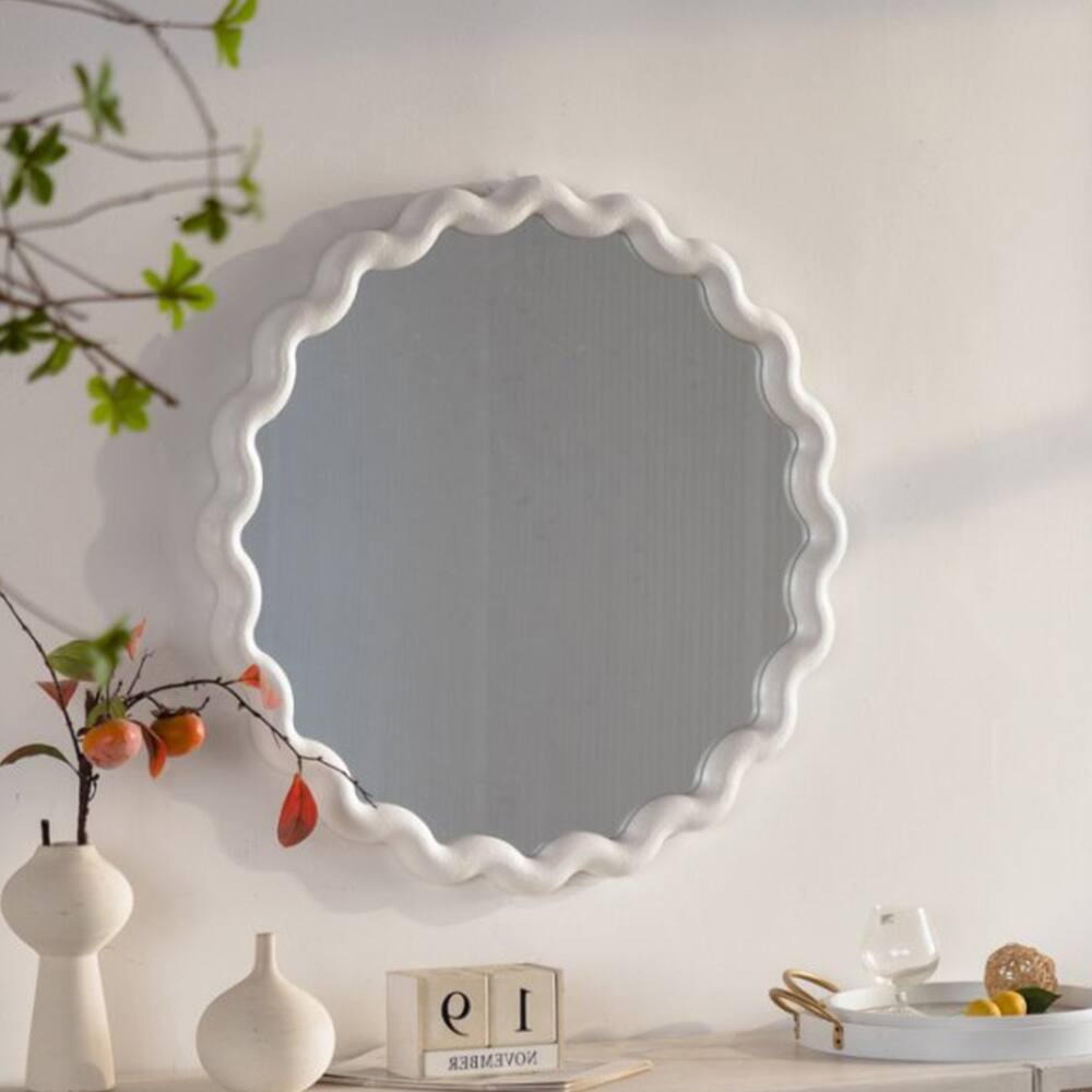 Front. Ropilly - Ropilly White Scalloped Round Wall Mirror with Wavy Frame, Modern Round Wall Mirror for Bathroom Bedroom Entryway.