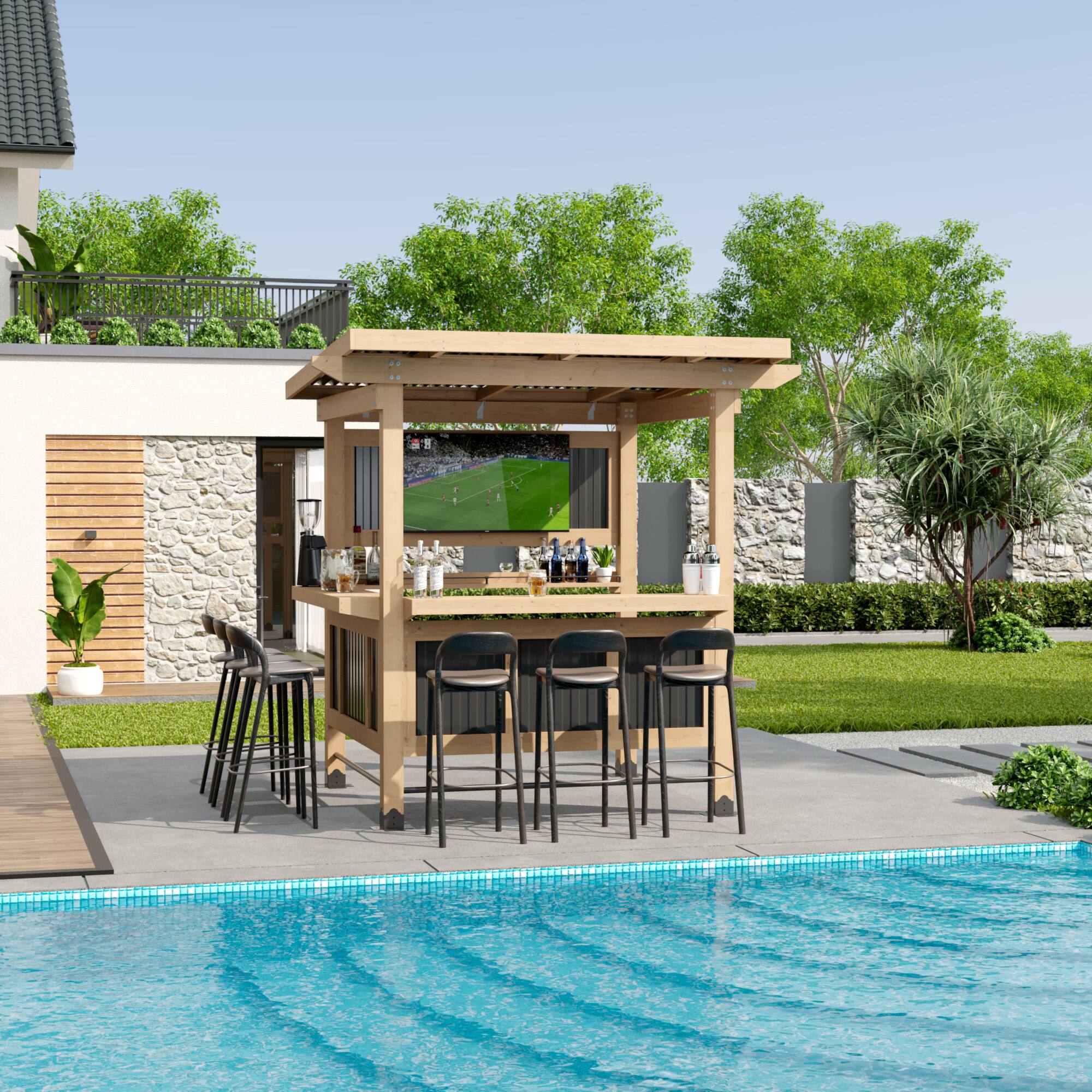 Alt View 3. Famapy - Outdoor Entertainment Bar Gazebo with Dual Bar Counters, TV Mount, Cedar Frame and Weatherproof Roof.