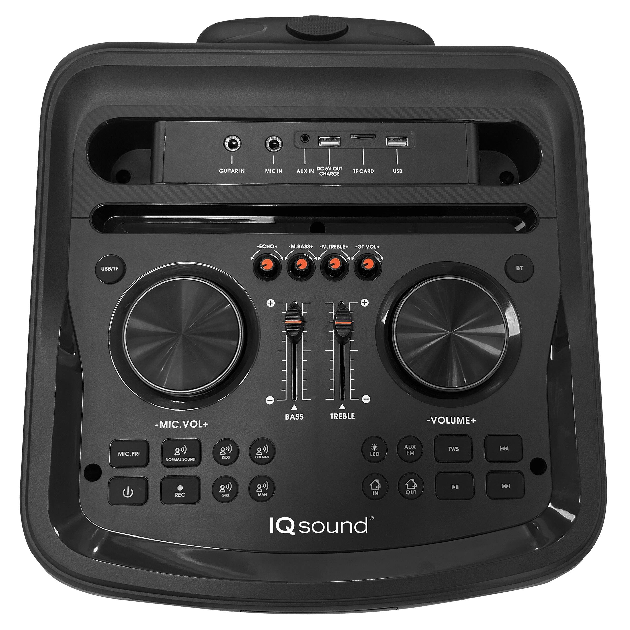 GUITAR IN MIC IN AUX IN USB/TF ECHO -M.BASS- GT.VOL+ MIC VOLUME+ BASS TREBLE -VOLUME+ LED AUX FM IN OUT BT IQ sound
