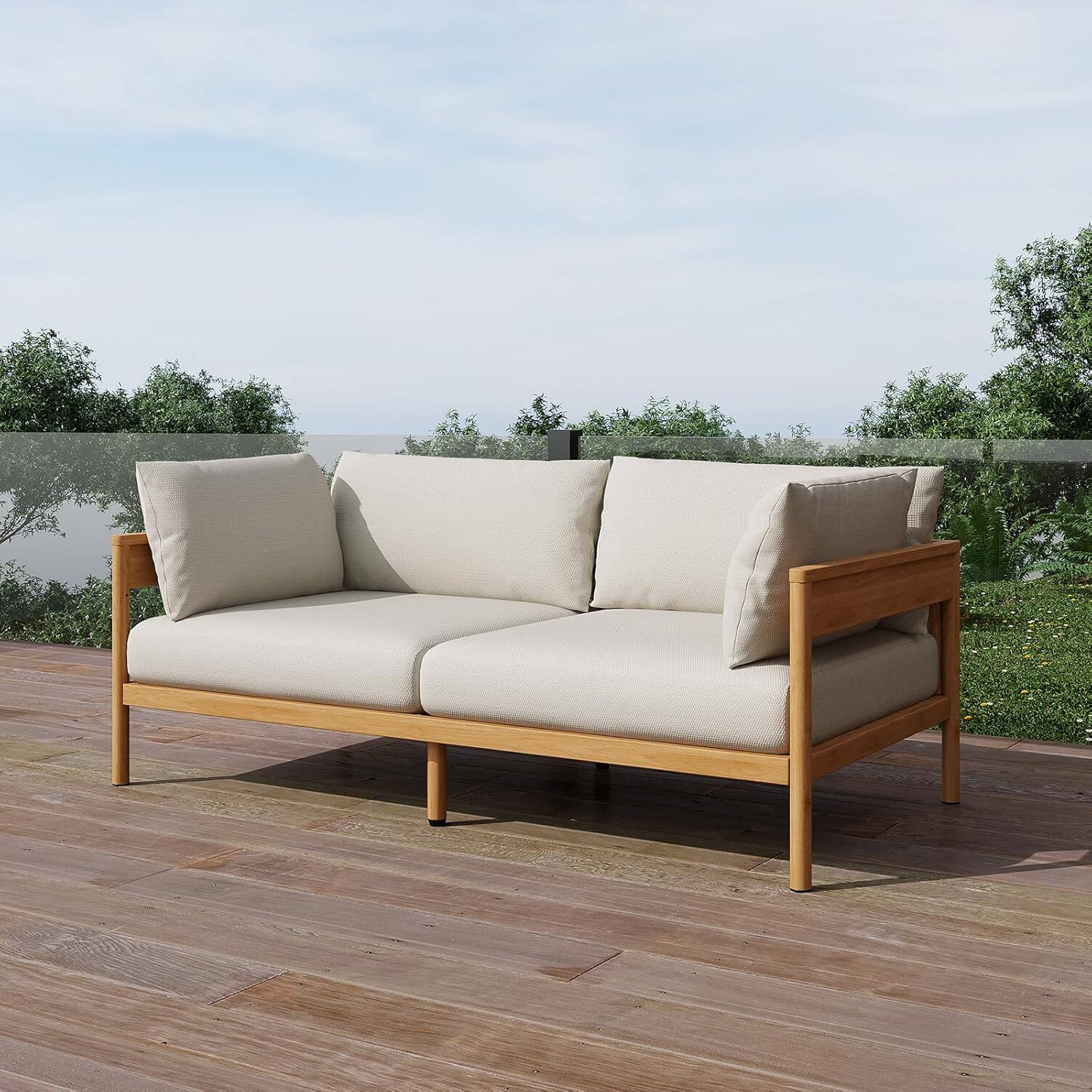 Front. Acanva - Outdoor Patio Sofa, Modern  Aluminium Conversation Furniture with Thick Cushions for Backyard, Garden, Porch, Loveseat - Beige.