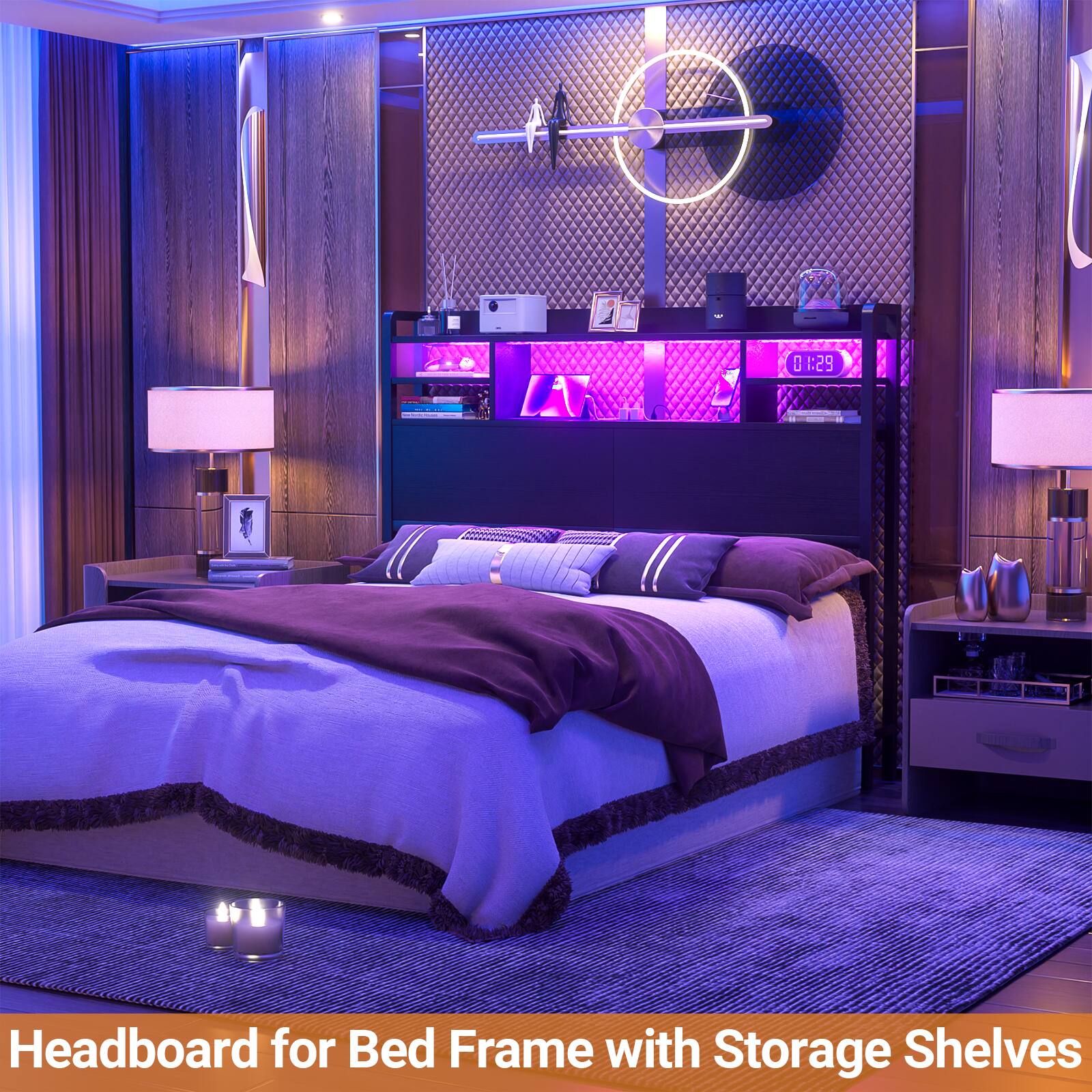 Headboard for Bed Frame with Storage Shelves