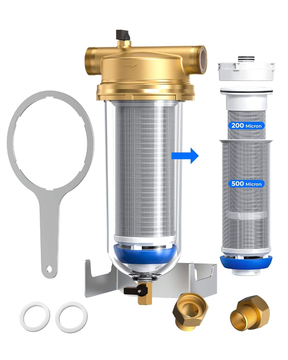 Waterdrop - BG103 Mega Spin Down Sediment Filter, 500 + 200 Micron, Upgraded Reusable Backwash Whole House Water Filter System - Clear