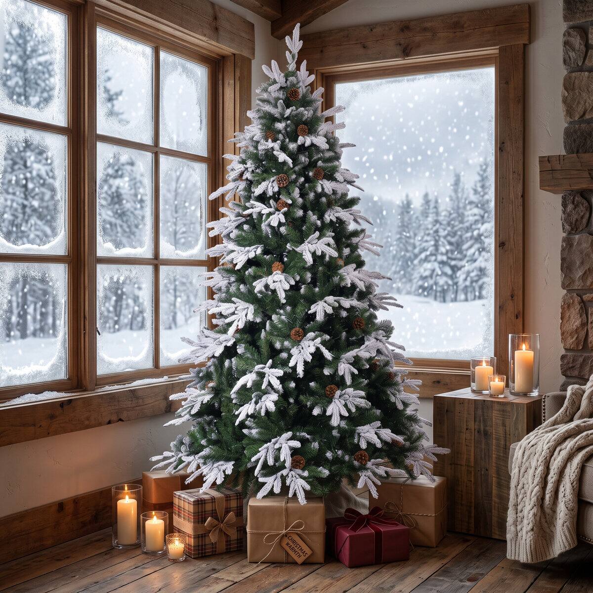 Angle. Wisairt - 7.5FT Pre-Lit Flocked Snow-Tipped PE Realistic Christmas Tree, 1284 Tips, 400 LED 11 Modes - Green.