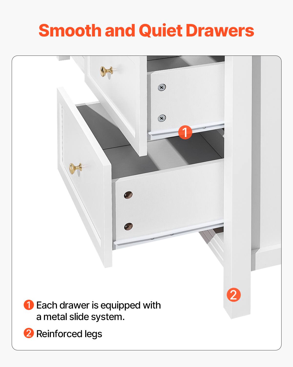 Smooth and Quiet Drawers

1. Each drawer is equipped with a metal slide system.
2. Reinforced legs