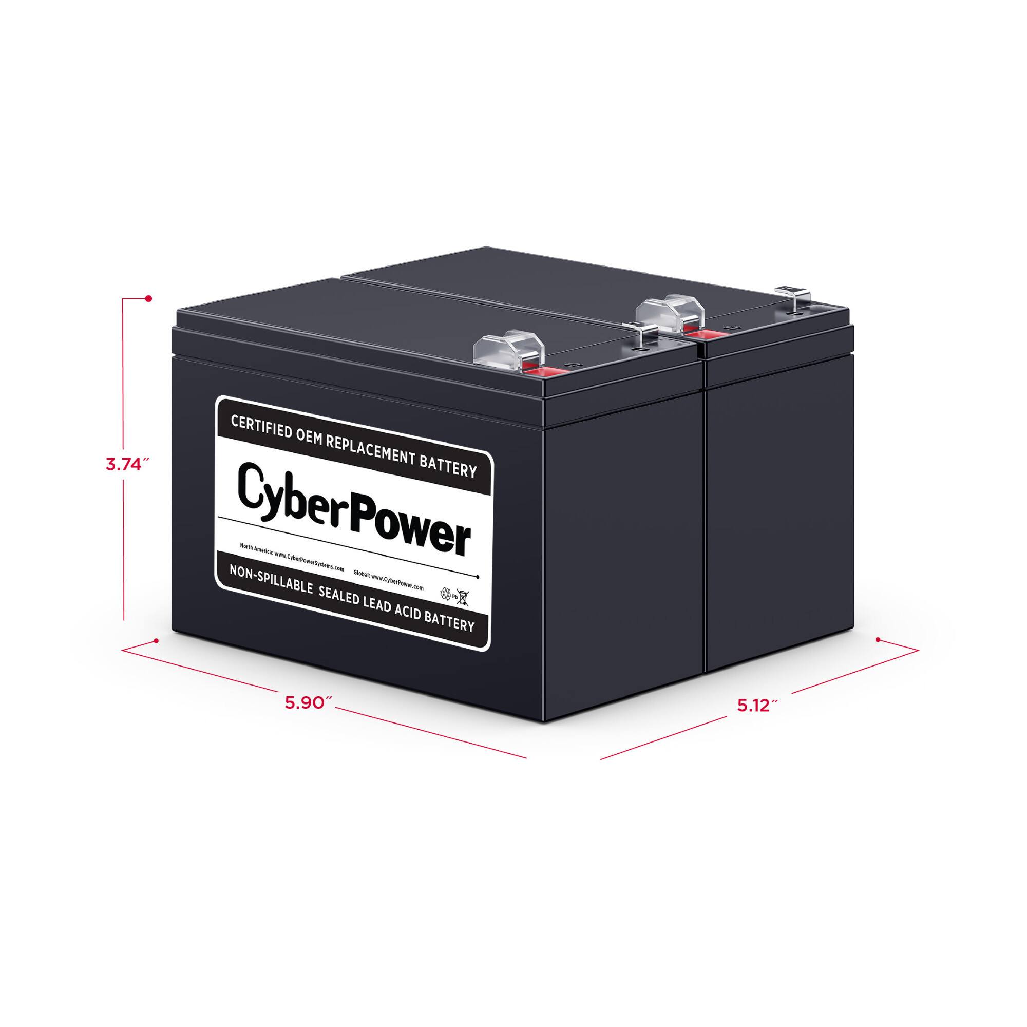 CERTIFIED OEM 3.74" REPLACEMENT BATTERY  
CyberPower  
NON-SPILLABLE SEALED LEAD ACID BATTERY  
North America: www.malCajoelbelrowertens.com  
Global: www.CybeRower.com  
5.90"  
5.12"