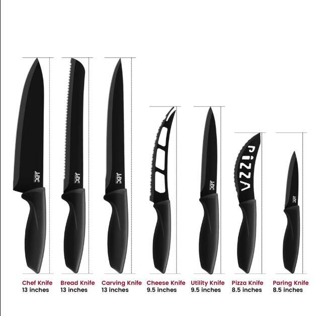 LDC JDC PIZZA XY

Chef Knife  
Bread Knife  
Carving Knife  
Cheese Knife  
Utility Knife  
Pizza Knife  
Paring Knife  

13 inches  
13 inches  
13 inches  
9.5 inches  
9.5 inches  
8.5 inches  
8.5 inches