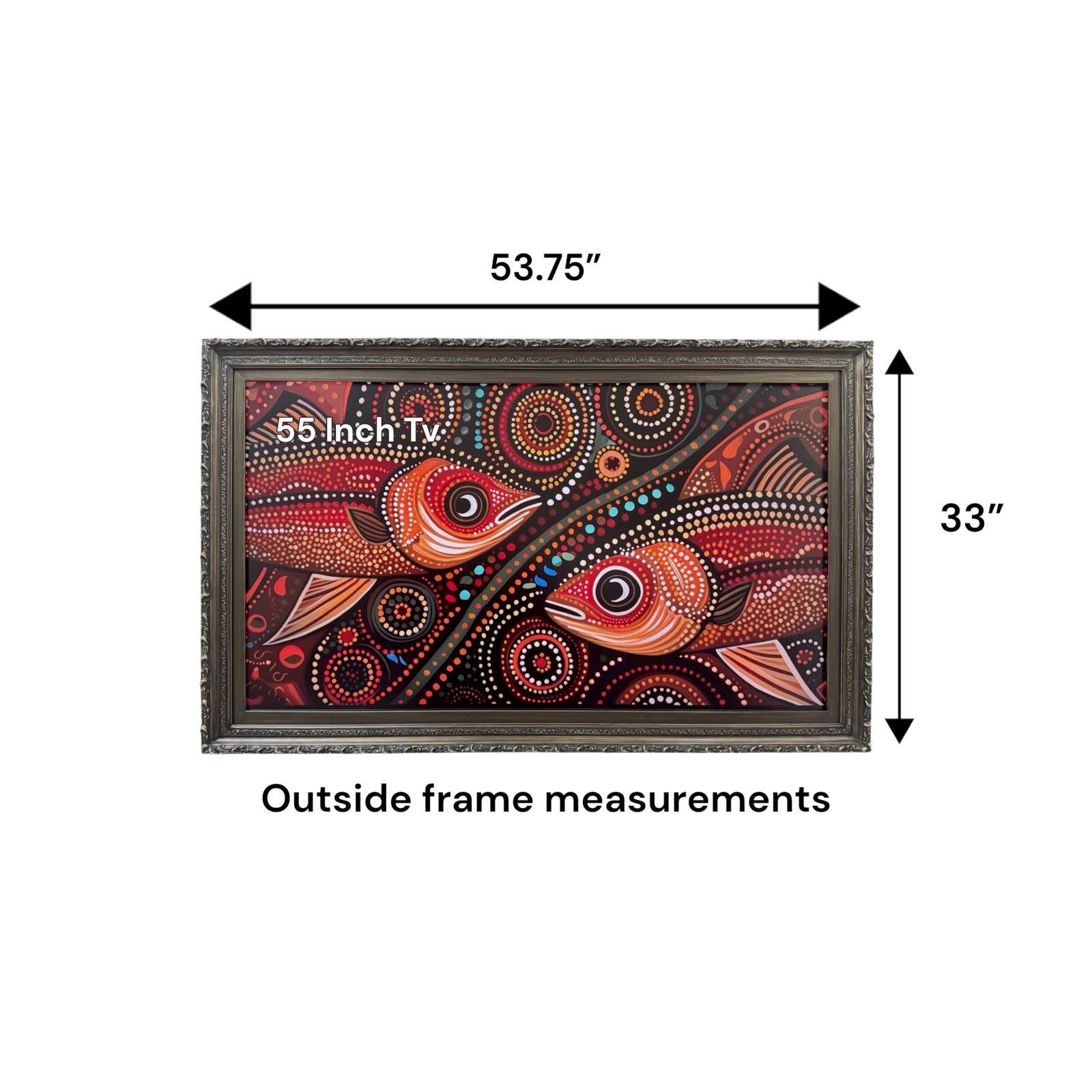 53.75" x 33" Outside frame measurements for a 55 Inch TV