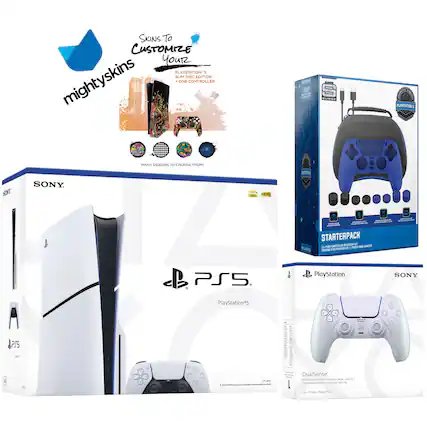 **mighty skins**
**Skins to Customize Your PlayStation 3 Slim Disc Edition**
- PlayStation 3 Slim Disc Edition
- One Controller
**MANY DESIGNS TO CHOOSE FROM!**
---
**SONY**
**PlayStation 5**
**4K HDR**
---
**PlayStation 5**
**DualSense**
**Controller**
**For PS5**
---
**PlayStation**
**STARTERPACK**
- 1 x PS5 Controller Accessory Kit
- 1 x PS5 Controller Accessory Kit
**DualSense**
**Controller**
**For PS5**
---
**SONY**