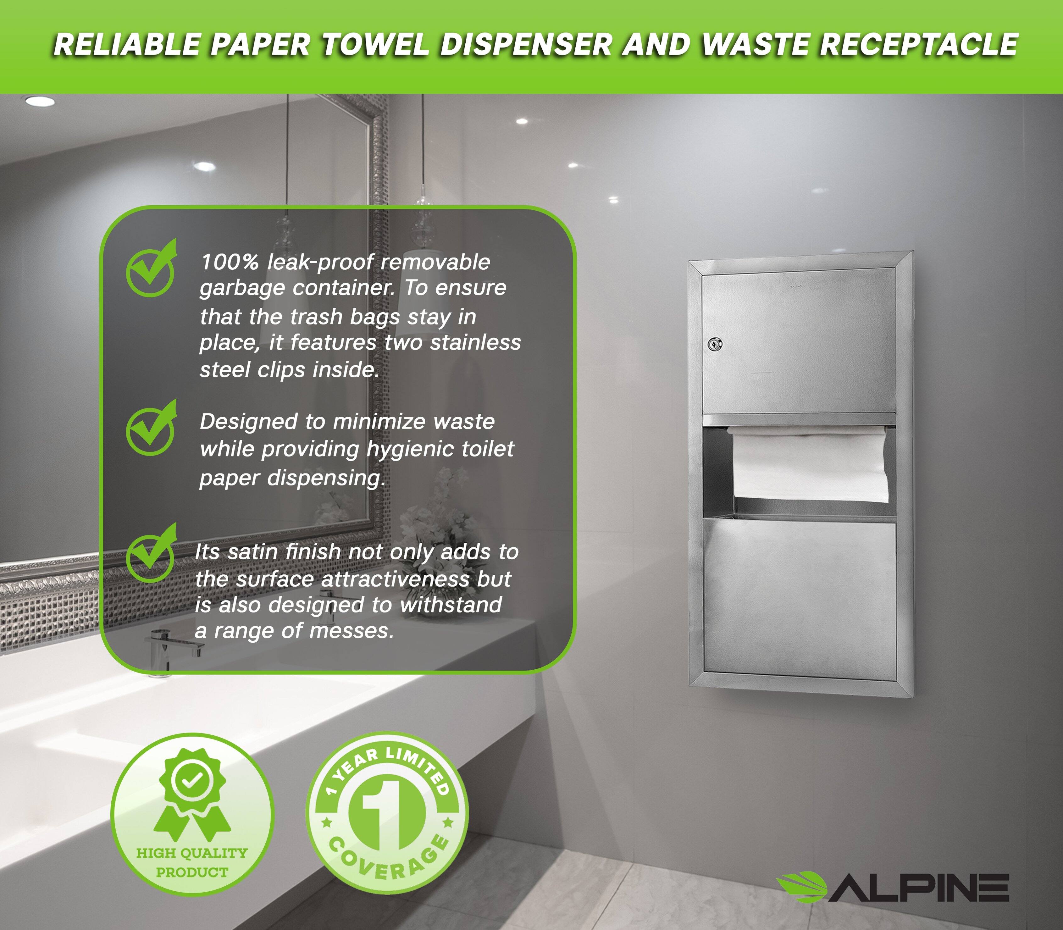 RELIABLE PAPER TOWEL DISPENSER AND WASTE RECEPTACLE

100% leak-proof removable garbage container. To ensure that the trash bags stay in place, it features two stainless steel clips inside.
Designed to minimize waste while providing hygienic toilet paper dispensing.
Its satin finish not only adds to the surface attractiveness but is also designed to withstand a range of messes.
HIGH QUALITY PRODUCT
YEAR LIMITED 1 COVERAGE
ALPINE