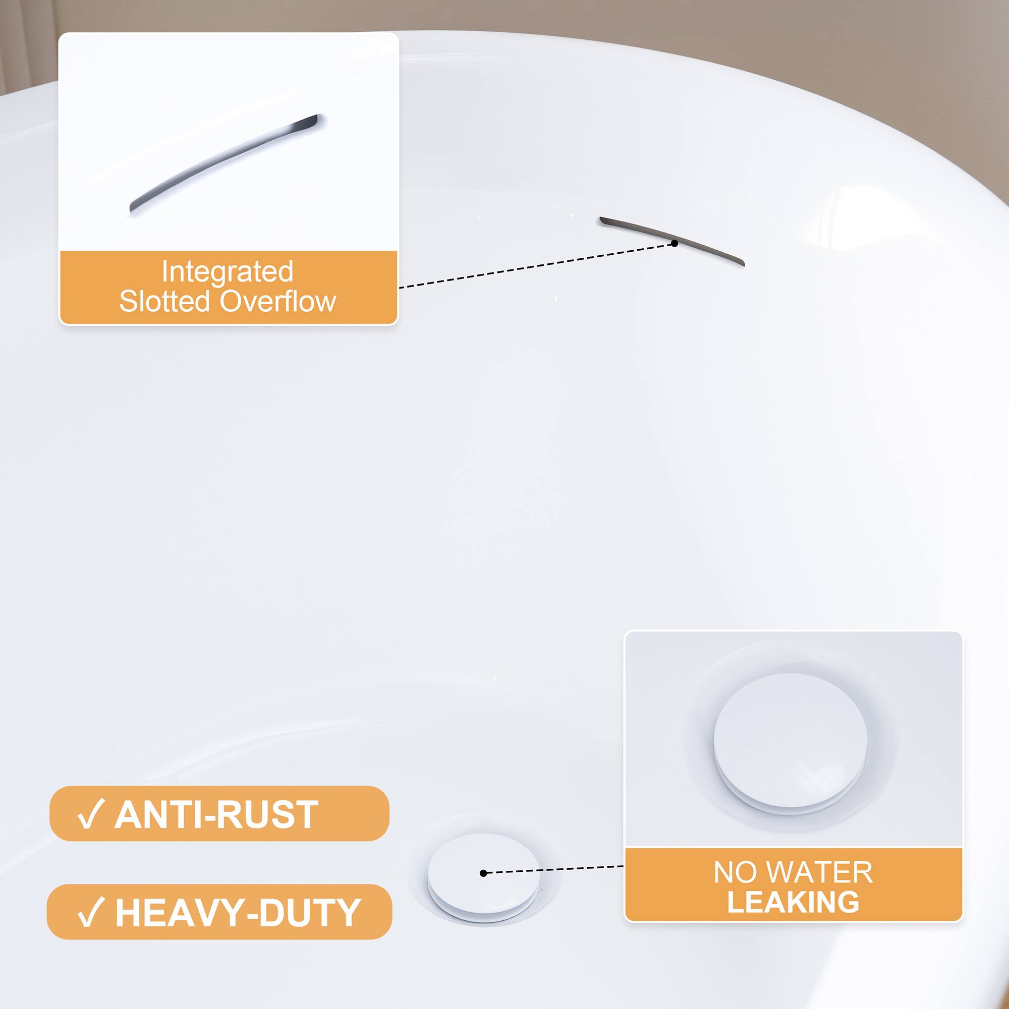 Integrated Slotted Overflow  
ANTI-RUST  
HEAVY-DUTY  
NO WATER LEAKING