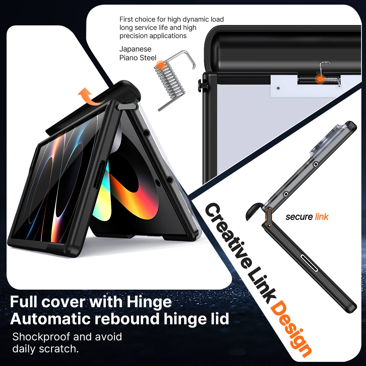 First choice for high dynamic load, long service life, and high precision applications: Japanese Piano Steel

Full cover with Hinge Automatic rebound hinge lid
Shockproof and avoid daily scratch.

Creative Link Design
secure link