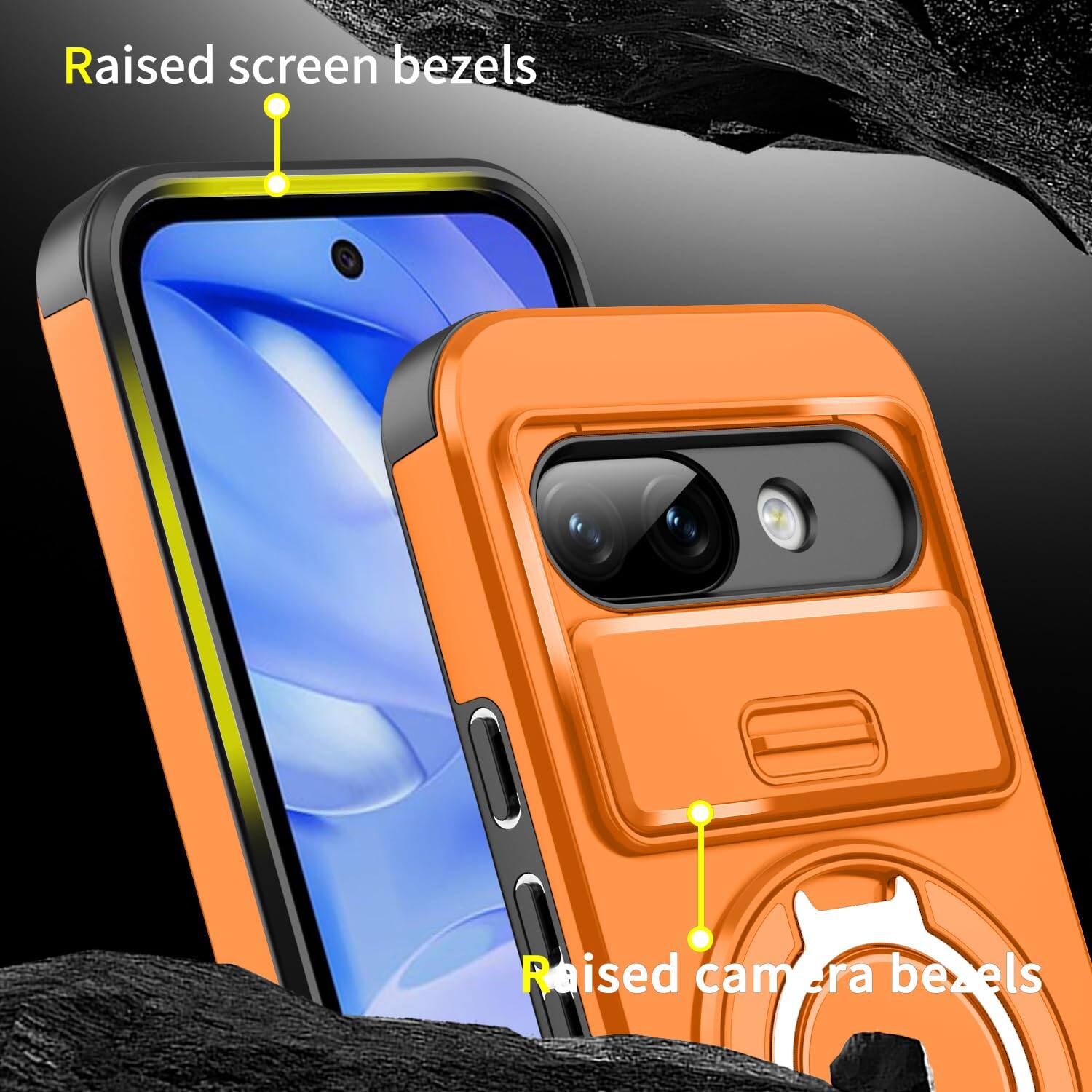 Raised screen bezels  
Raised camera bezels