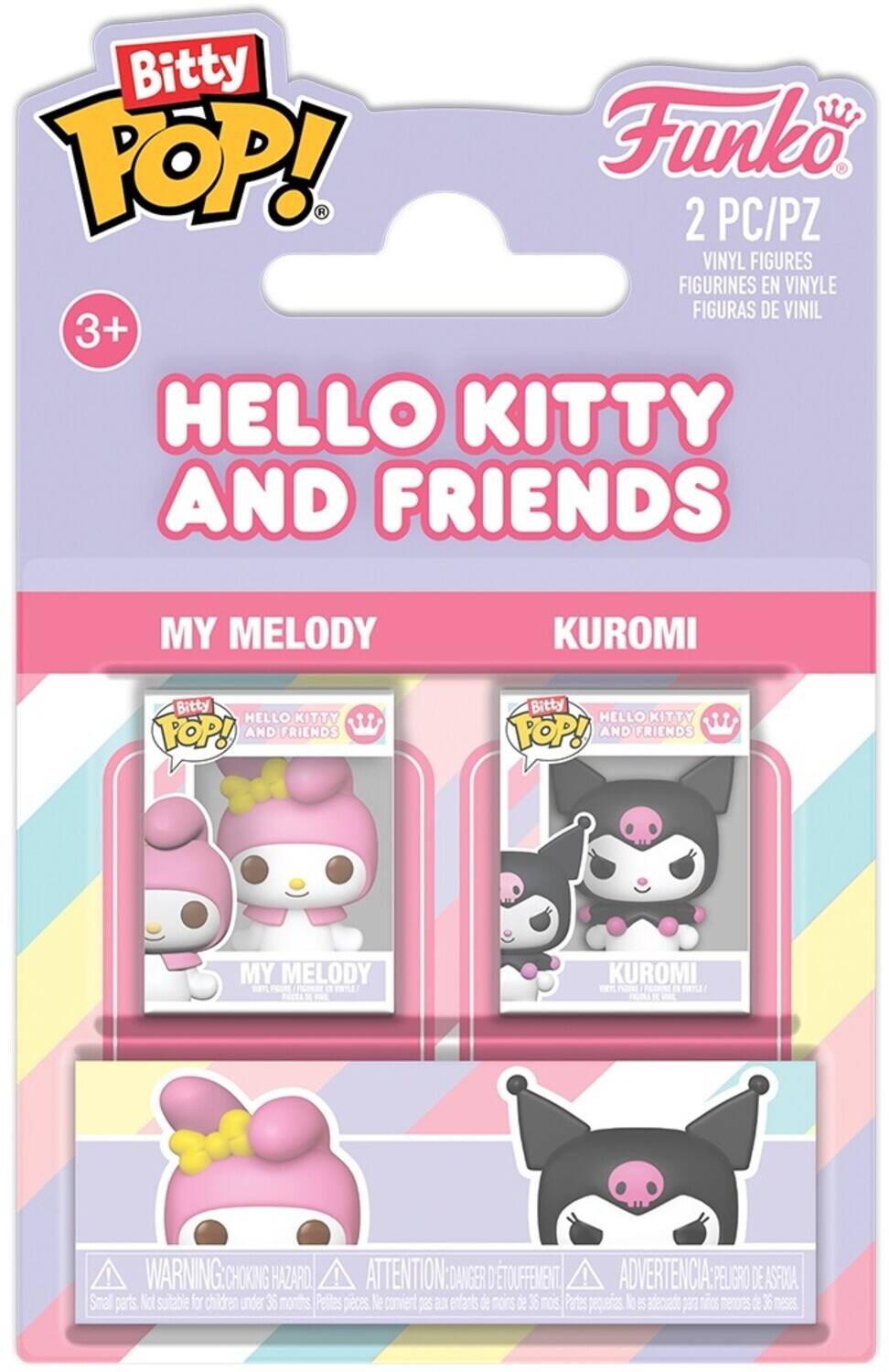 Bitty POP!  
Funko  
2 PC/PZ  
VINYL FIGURES  
FIGURINES EN VINYLE  
FIGURAS DE VINIL  

3+  
HELLO KITTY AND FRIENDS  

MY MELODY  
KUROMI  

WARNING: CHOKING HAZARD!  
ATTENTION: DANGER D'ÉTOUFFEMENT!  
ADVERTENCIA: PELIGRO DE ASFIXIA.  
Small parts. Not suitable for children under 36 months.  
Petites pièces. Ne convient pas aux enfants de moins de 36 mois.  
Partes pequeñas. No adecuado para niños menores de 36 meses.
