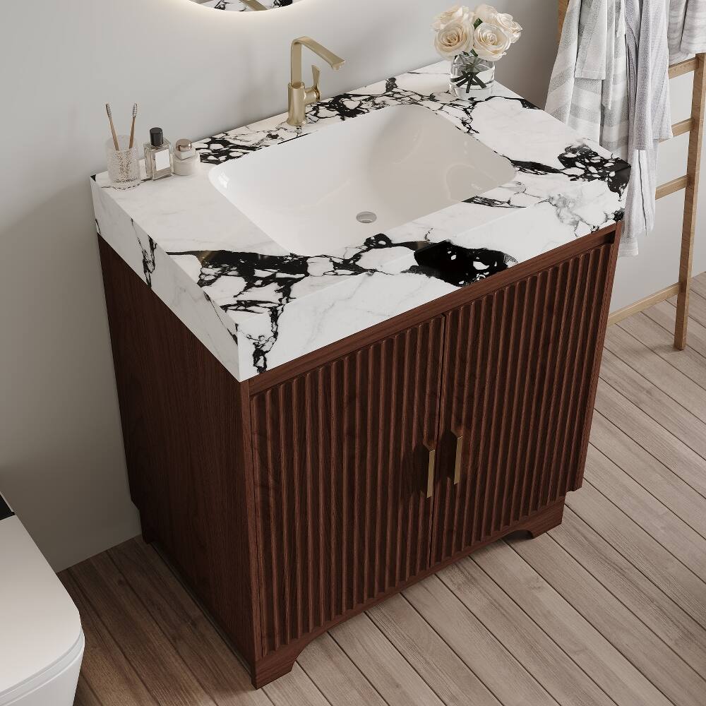 Alt View 1. Loheer - Loheer 30 inch freestanding bathroom vanity Walnut Plywood Cabinet Sintered Stone Top - Walnut, White.