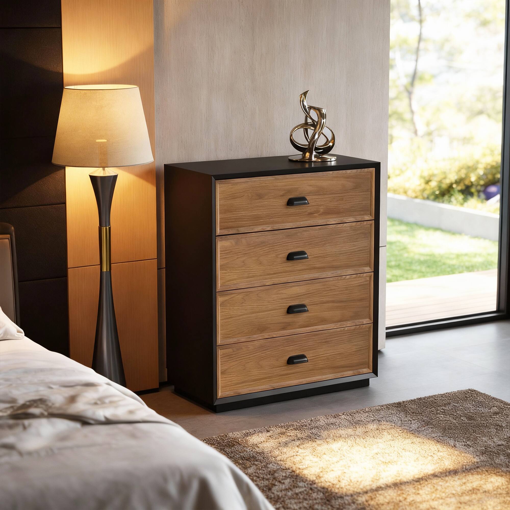 Back. luck idea - Mid-Century Modern 31.49" Solid Wood Nightstand with 4 Drawers, Bedside Table - Walnut Color.