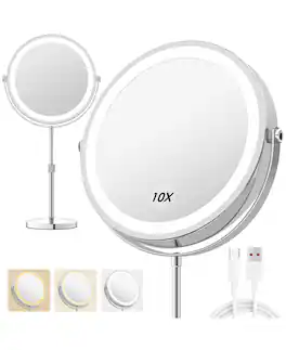 Sugift - 10X Lighted Makeup Mirror with 3 Color Modes & Touch Control, Rechargeable Double-Sided Vanity Mirror