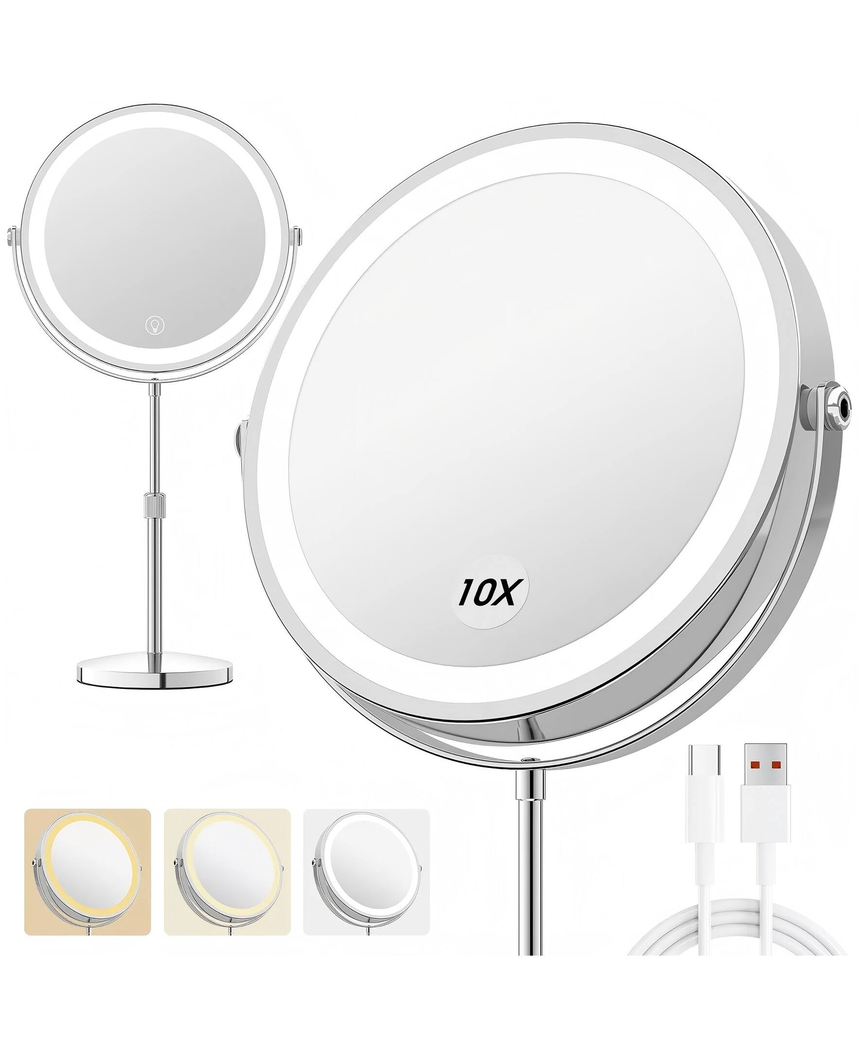 Front. Sugift - 10X Lighted Makeup Mirror with 3 Color Modes & Touch Control, Rechargeable Double-Sided Vanity Mirror.