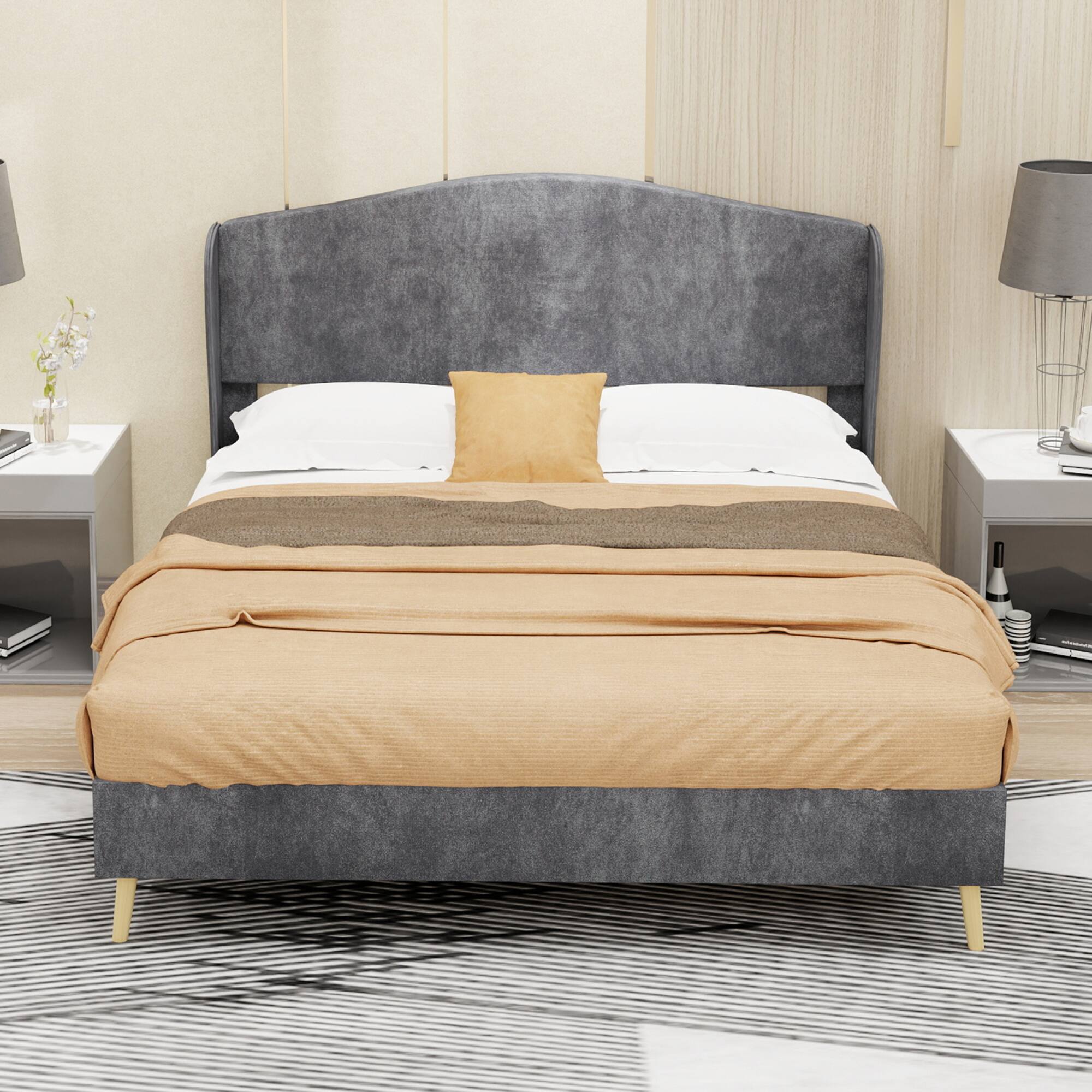 Alt View 7. GOODSILO - Luxury Velvet Upholstered Platform Bed with Tufted Headboard for Master Bedroom and Guest Rooms - Grey.