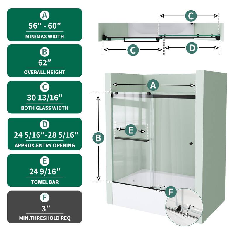 A 56" - 60" MIN/MAX WIDTH  
62" OVERALL HEIGHT  
C 30 13/16" BOTH GLASS WIDTH  
D 24 5/16"-28 5/16" APPROX. ENTRY OPENING  
E 24 9/16" TOWEL BAR  
F 3" MIN. THRESHOLD REQ