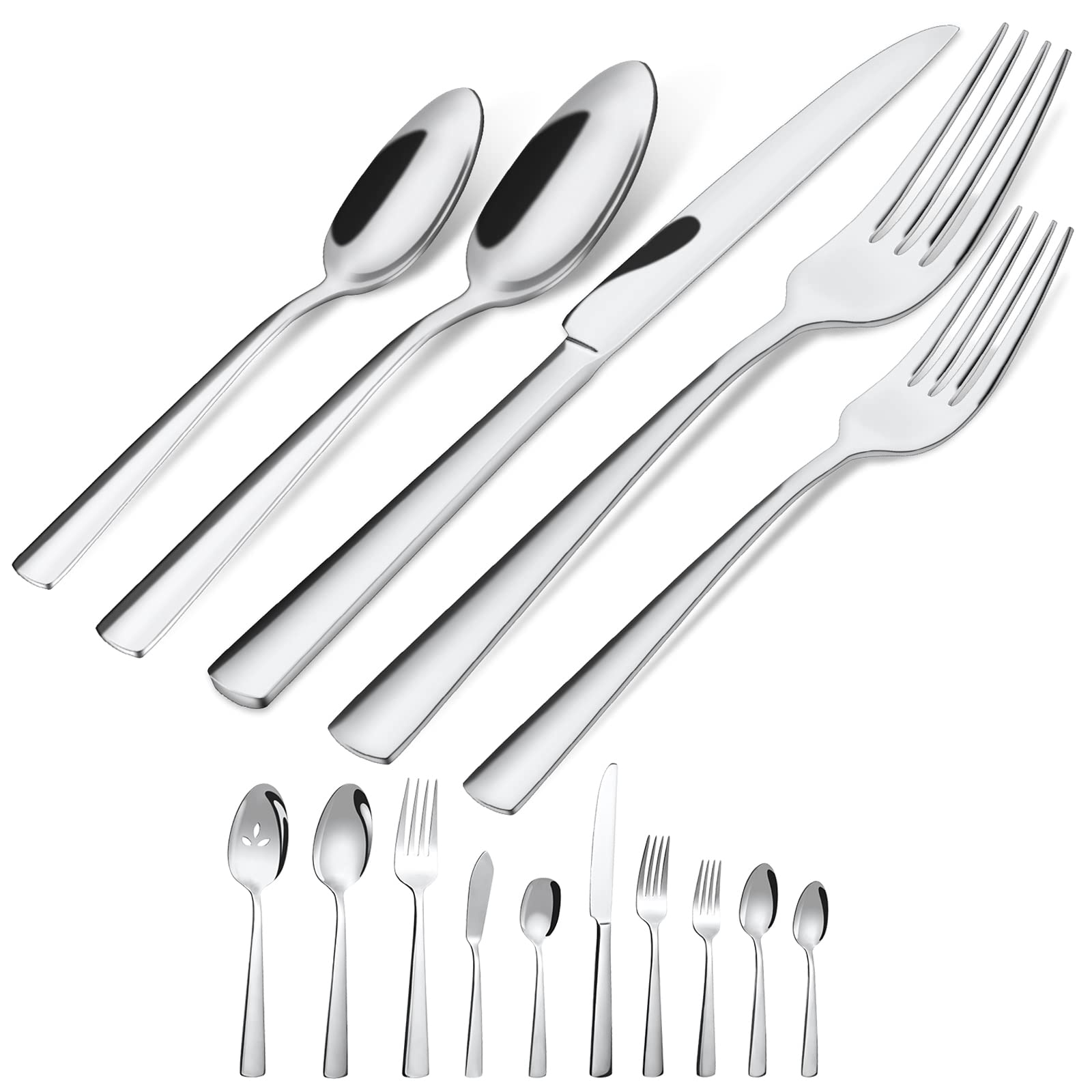 Front. Dazzed Corner - 45-Piece Flatware Sets, Silverware Set for 8,Dishwasher Safe - Silver.