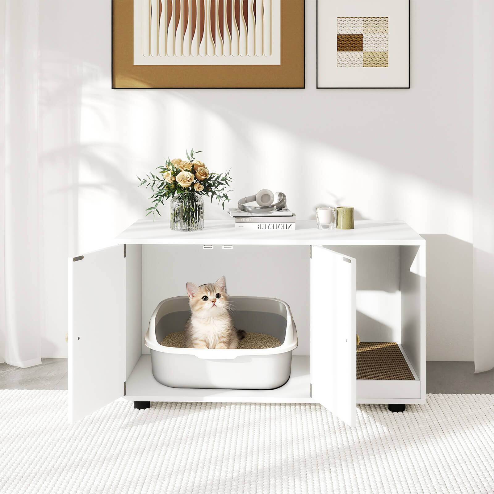 Alt View 3. Costway - Costway Wooden Cat Litter Box Enclosure, Hidden Litter Box Furniture with Scratching Board - White.