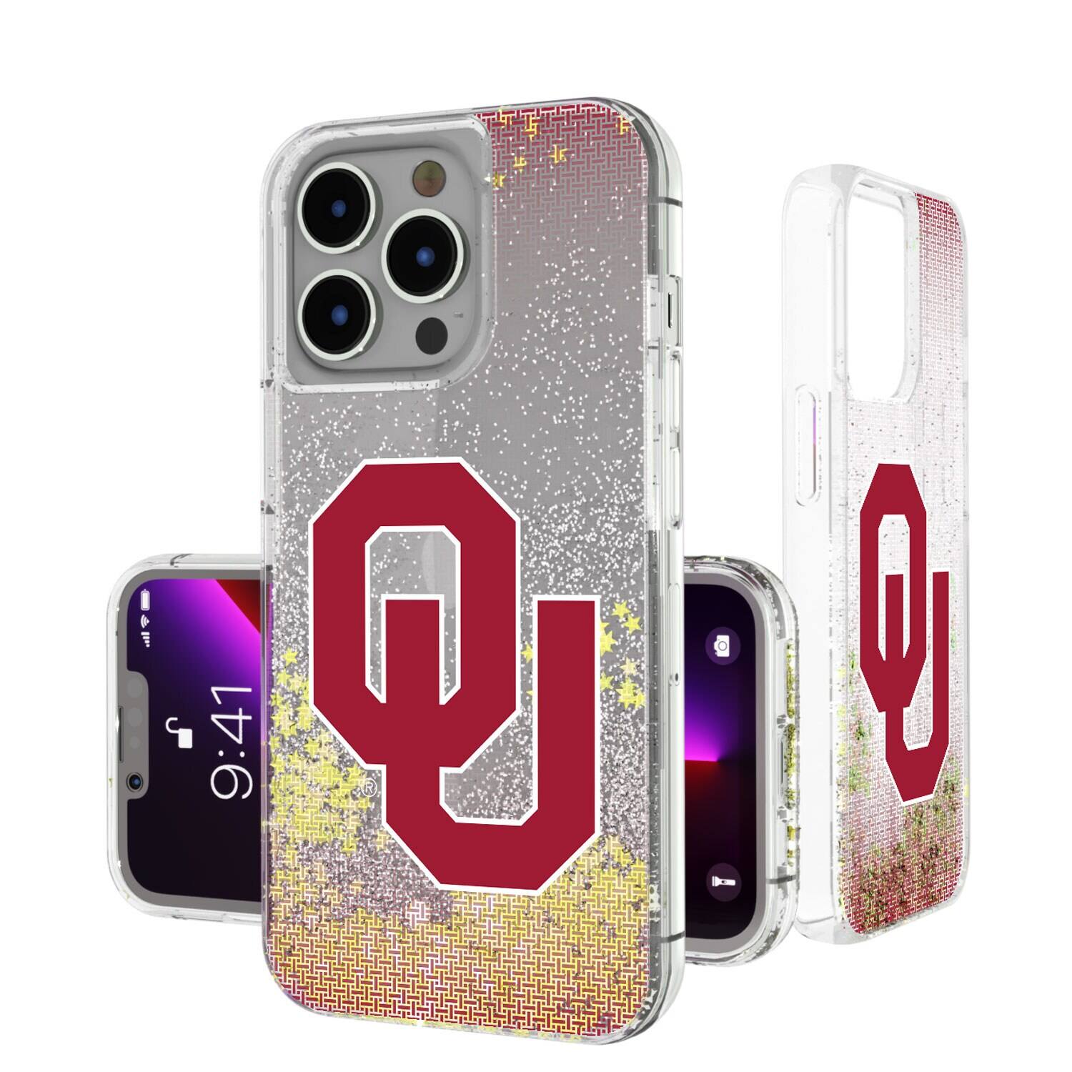 Front. Keyscaper - Oklahoma Sooners Linen Logo iPhone Glitter Case - 13 Pro Max - Multicolor.