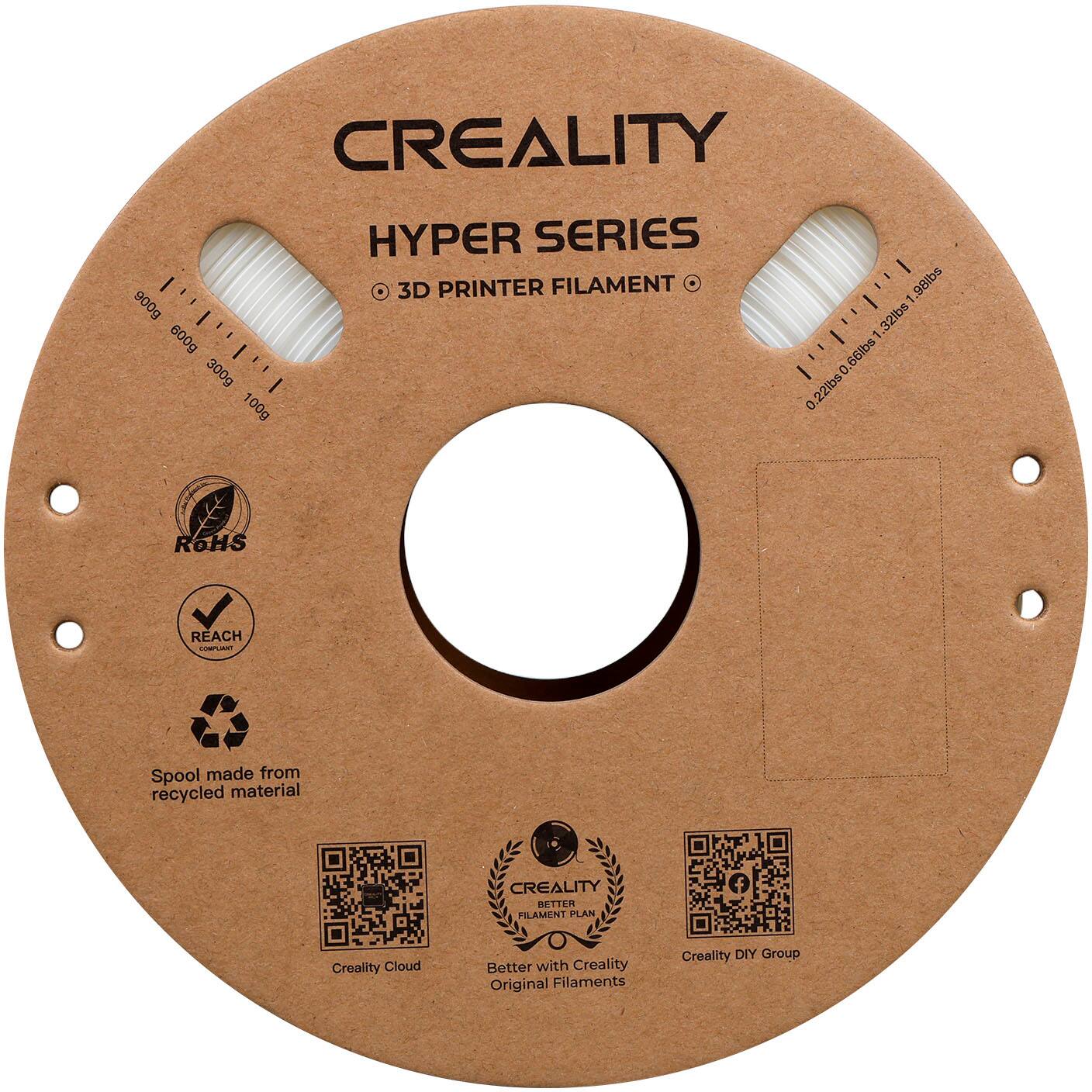 Creality Hyper Series 3D Printer Filament spool made from recycled material. The spool contains 1.9 kg of filament, which is equivalent to 32 lbs. The filament is made of high-quality materials and is designed to provide better printing results. The spool is compatible with Creality 3D printers and is made with recycled materials, making it an environmentally friendly option. The Creality Hyper Series filament is available in various sizes, including 600g, 100g, and 22lbs.