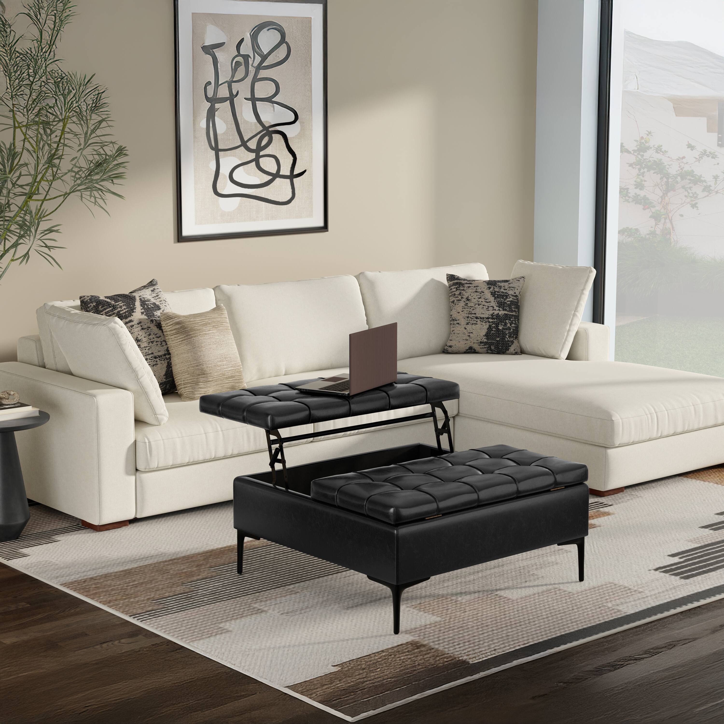 Left. Simpli Home - Laura 36 inch Transitional Square Mid Century Lift Top Storage Ottoman in Midnight Black Vegan Faux Leather, Assembled - Midnight Black.