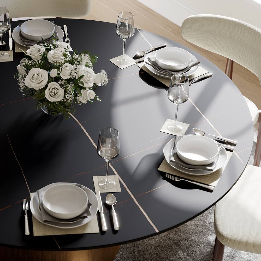 Alt View 1. POVISON - 59" Modern Round Dining Table for 6, Black Matte Sintered Stone Table with Bronze U-shaped  Steel Base - Black Matte Sintered Stone with Bronze Steel Base.