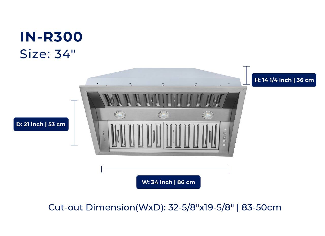 IN-R300  
Size: 34"  
H: 14 1/4 inch | 36 cm  
D: 21 inch | 53 cm  
W: 34 inch | 86 cm  
Cut-out Dimension (WxD): 32-5/8"x19-5/8" | 83-50cm