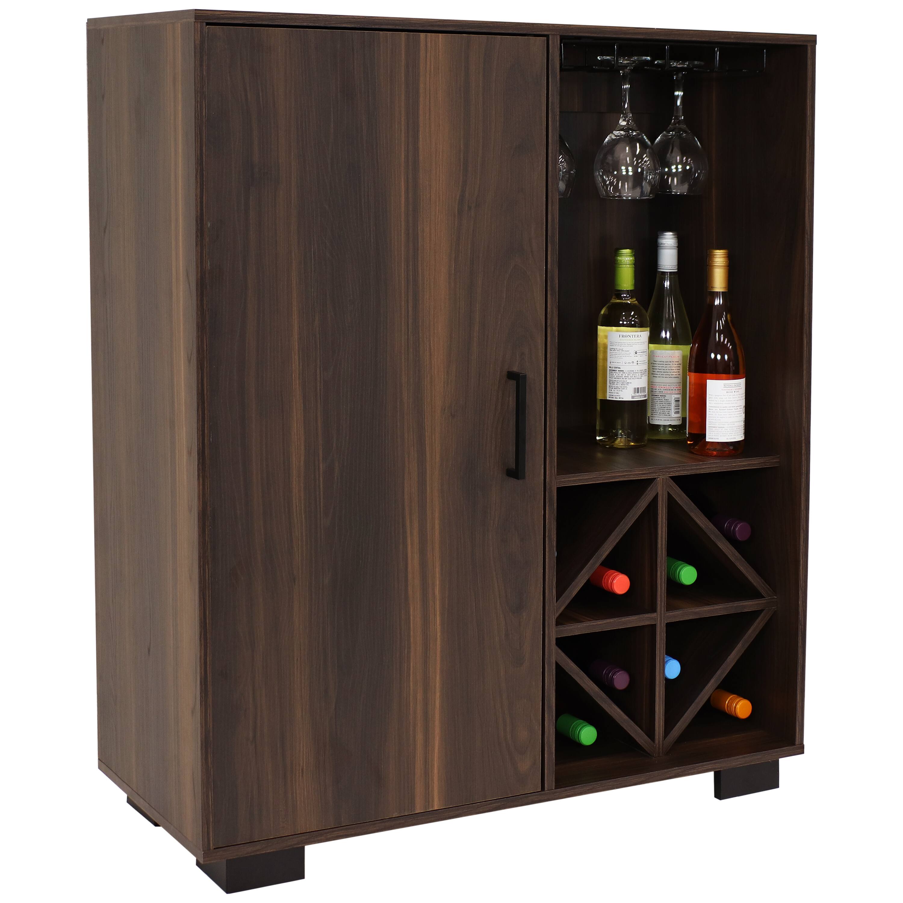 Alt View 4. Sunnydaze - Lavina Wine Cabinet with Glass and Bottle Storage Shelves - Brown.
