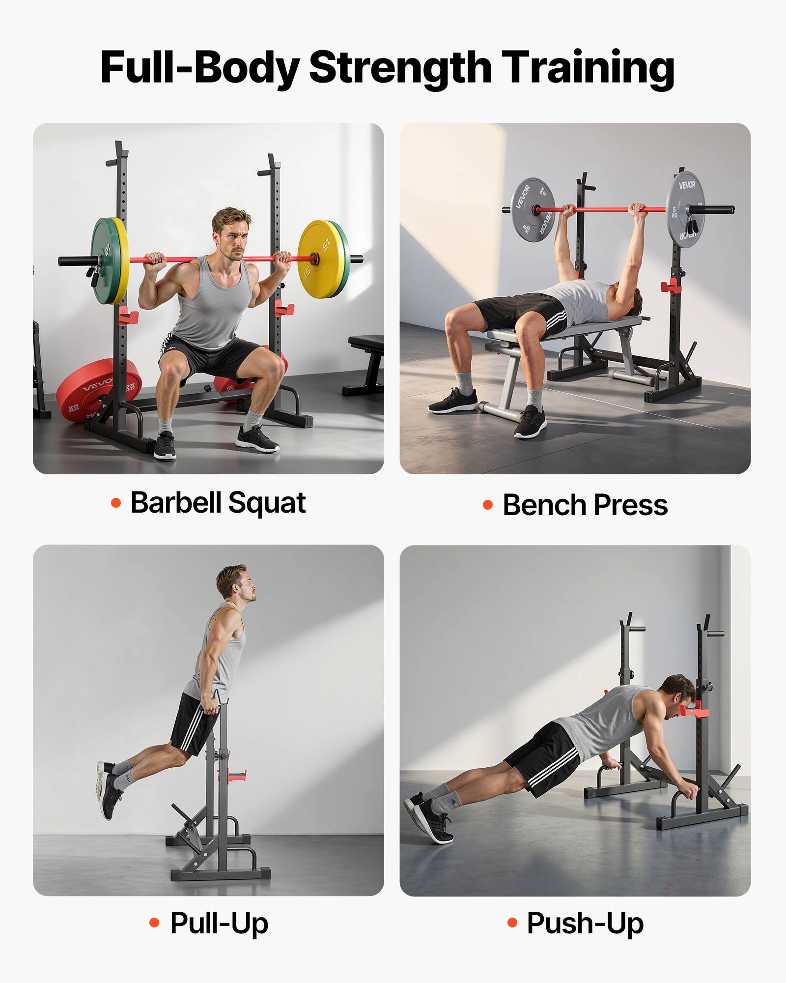 Full-Body Strength Training

- Barbell Squat
- Bench Press
- Pull-Up
- Push-Up