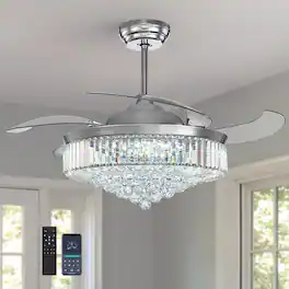 Siljoy - 52 Inch Crystal Retractable Ceiling Fan with LED Light Remote and App Control for Bedroom Kitchen and Living Room - Chrome
