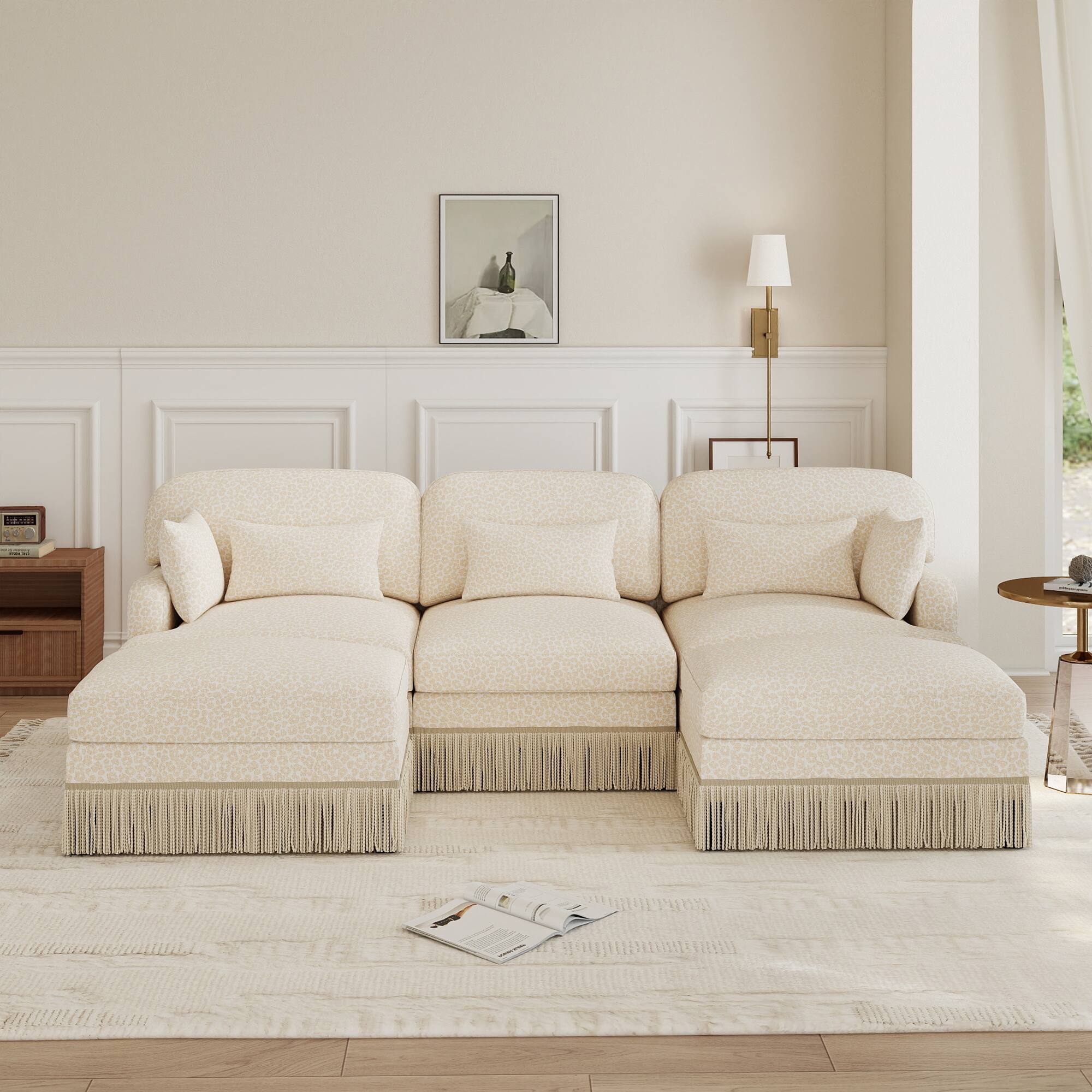 Front. Anysun - 100" U-Shaped Chenille Leopard Print Sofa with Movable Ottomans & Tassel Edge, Ergonomic Deep Seat for Living Room - Beige.