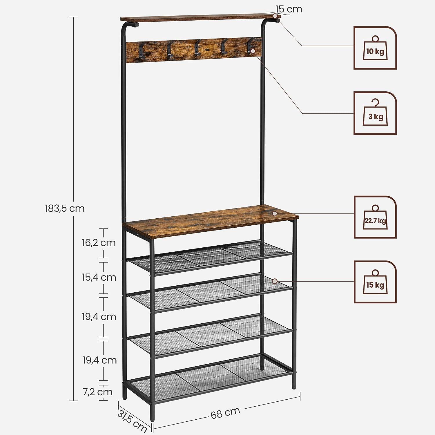 - Height: 183.5 cm
- Top shelf depth: 15 cm
- Top shelf weight capacity: 10 kg
- Top shelf hook weight capacity: 3 kg
- Second shelf depth: 16.2 cm
- Second shelf weight capacity: 22.7 kg
- Third shelf depth: 15.4 cm
- Third shelf weight capacity: 15 kg
- Fourth shelf depth: 19.4 cm
- Fourth shelf depth: 19.4 cm
- Bottom shelf depth: 7.2 cm
- Bottom shelf depth: 31.5 cm
- Width: 68 cm