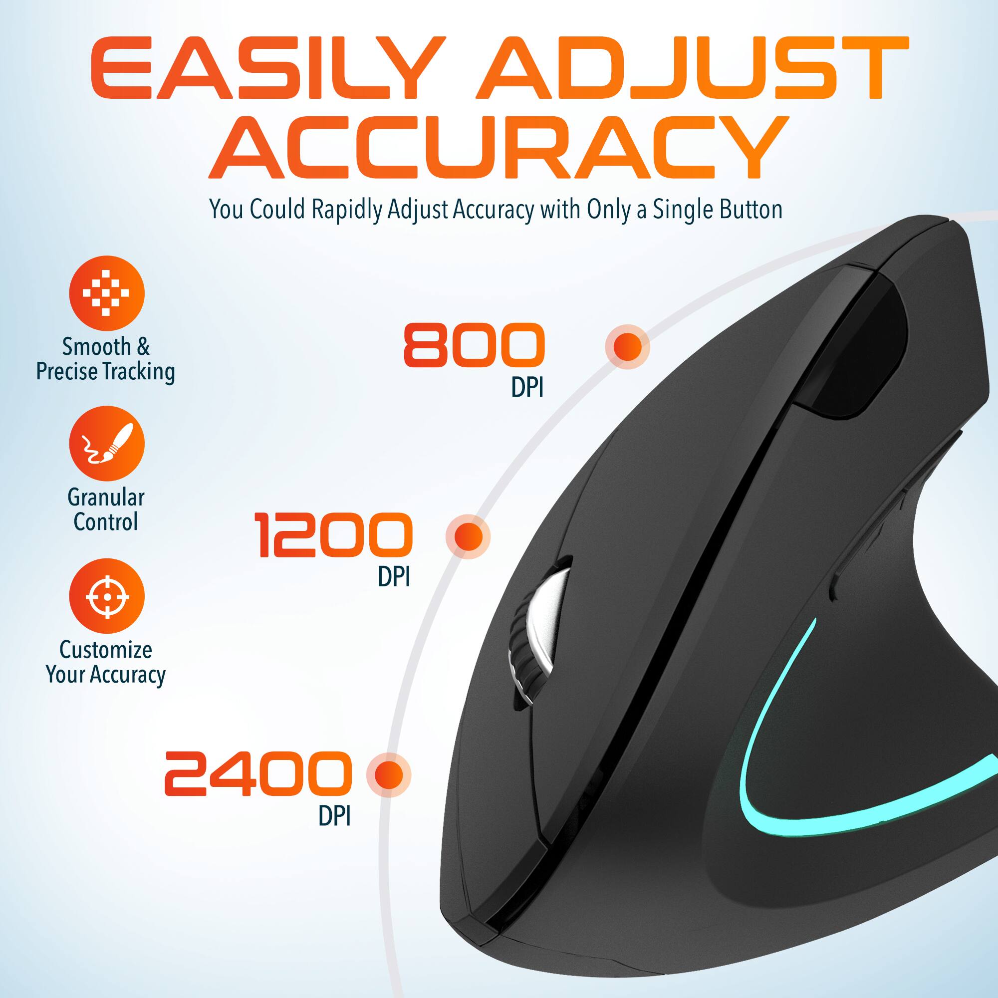 EASILY ADJUST ACCURACY
You Could Rapidly Adjust Accuracy with Only a Single Button
Smooth & Precise Tracking
800 DPI
Granular Control
1200 DPI
Customize Your Accuracy
2400 DPI
