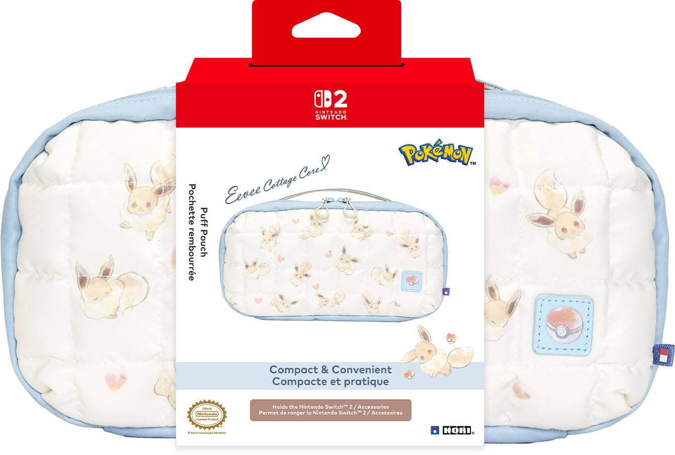 Sure, here is the corrected and grouped text from the image:

---

**Nintendo Switch**

**Pokémon**

**Eevee Cottage Core**

**Pochette Puff rembourrée**

**Compact & Convenient**

**Compacte et pratique**

**Holds the Nintendo Switch™ 2 / Accessories**

**Permet de ranger la Nintendo Switch™ 2 / Accessoires**

**Official Nintendo Licensed Product**

**HORI**

---