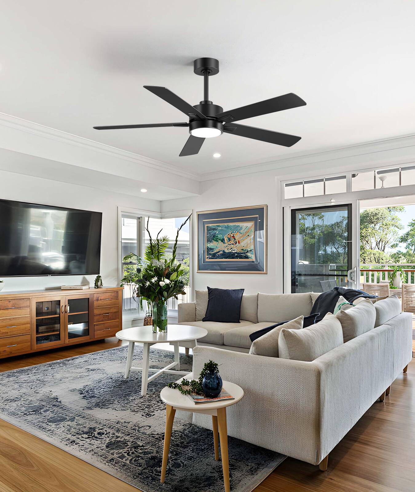 Alt View 5. Breezary - 52" Large Indoor Modern Ceiling Fan with Light and Remote, 5 Blades, 6 Speeds, Reversible Motor, Timer & Memory, Downrod - Matte Black.