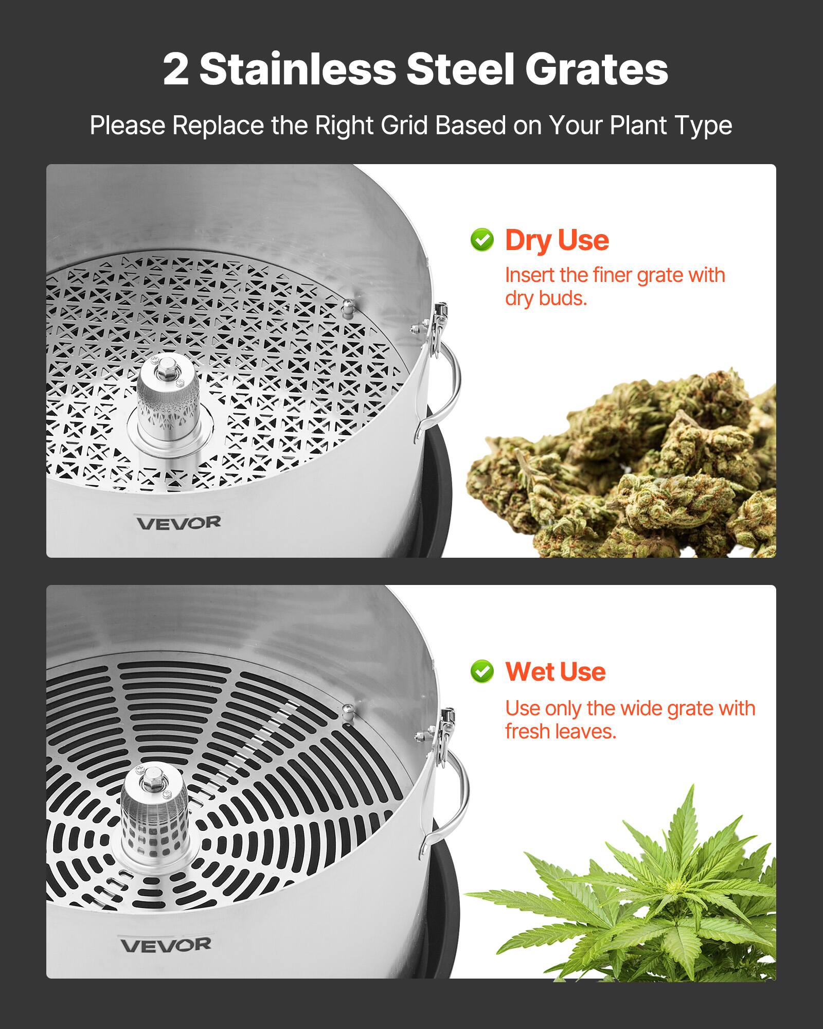 2 Stainless Steel Grates

Please Replace the Right Grid Based on Your Plant Type

Dry Use
Insert the finer grate with dry buds.

Wet Use
Use only the wide grate with fresh leaves.