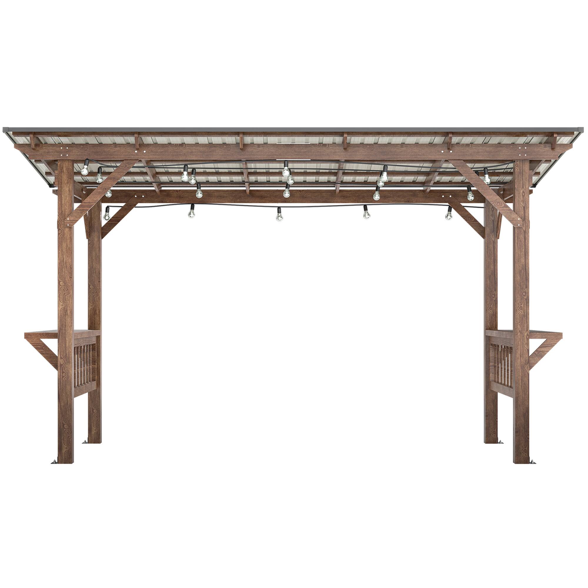 Alt View 6. Mondawe - 13x6 FT Wooden Pergola Grill Gazebo with Metal Roof & Bulbs & Bar Counters - Brown.