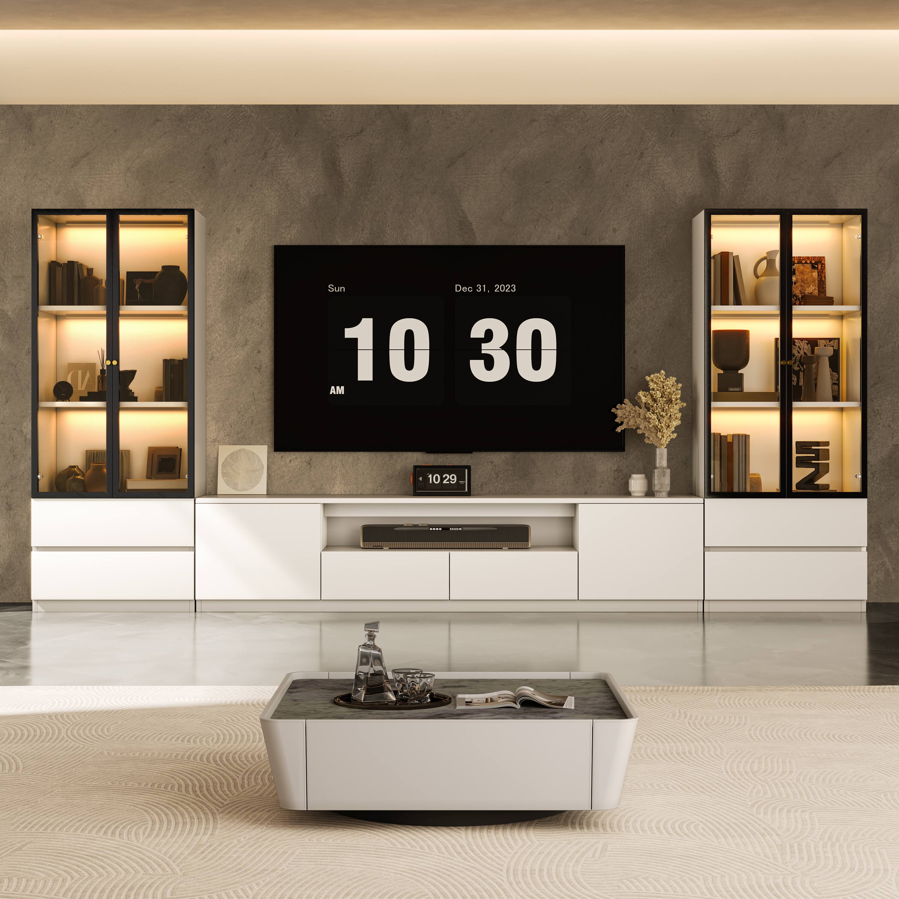 Alt View 2. MSOOB - 126" Entertainment Center for TV Up To 85'', Living Room Cabinet Set Includes TV Stand and Two Glass Display Cabinet - White.